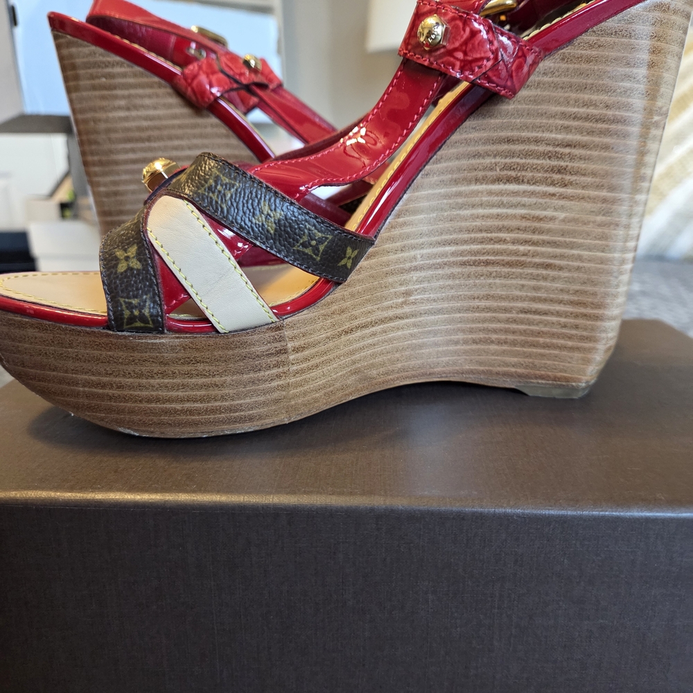 Louis Vuitton Red and Brown Wedges Sandals - Picture 2 of 5